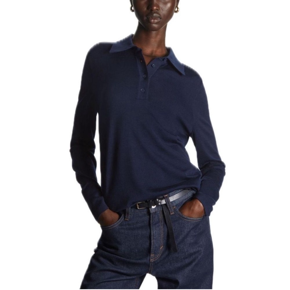 COS Slim-Fit Knitted Silk-Blend Polo Shirt in Navy, Small